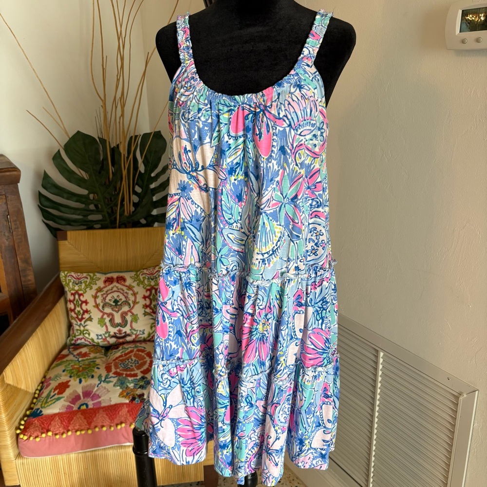LILLY PULITZER Loro Floral Print Cotton Swing Dress! Excellent. Blue Pink. Excel
